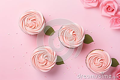 Top view of romantic Valentine cupcakes with pink buttercream shaped like a rose flowers Stock Photo
