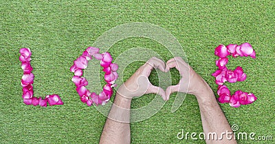 Top View rose petals in a row of love with hand heart. Valentine day concept Stock Photo