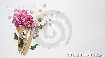 top view roses flowers painting brush. High quality photo Stock Photo