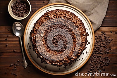 Top view of round baked chocolate cake decorated with chocolate curls. Generative AI Cartoon Illustration
