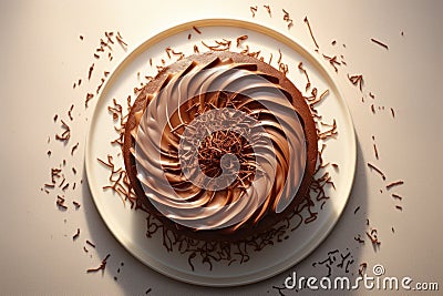 Top view of round baked chocolate cake decorated with chocolate curls. Generative AI Cartoon Illustration