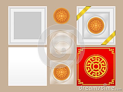 Top view of round Chinese Moon Cake isolated on brown background with Box white and red, Plastic Tray, Inner Boxs for design Vector Illustration