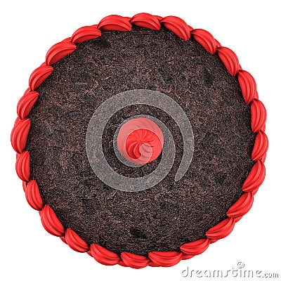 Top view of round chocolate cake with pink cream isolated Stock Photo