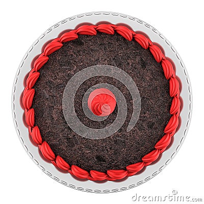 Top view of round chocolate cake with pink cream isolated Stock Photo