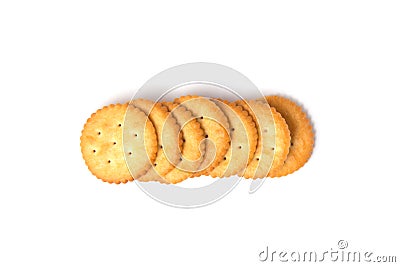 Top view of round salted cracker cookies isolated on white background Stock Photo