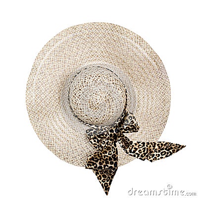 Top view of a round straw hat on a white background. Stock Photo