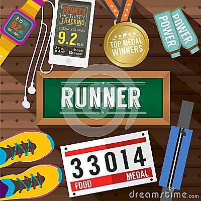 Top View Runner Gears On Wooden Plank Vector Illustration