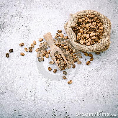 Top view of a sack of coffee beans on a white background with copyspace Stock Photo