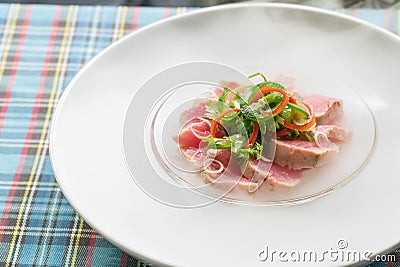 Top view salmon sashimi on ice with dry ice smoke, Japanese food Stock Photo