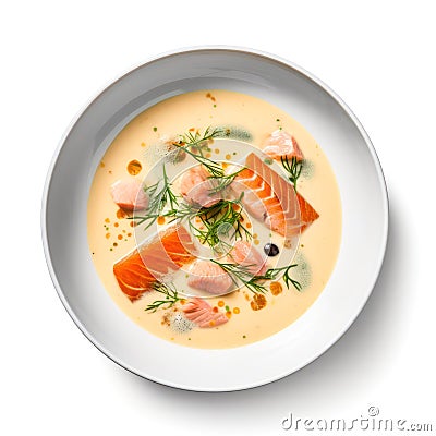 Top view on salmon soup. Stock Photo