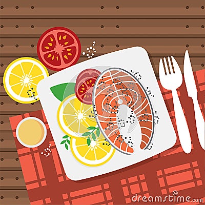 Top View Salmon Steak On Table Vector Illustration