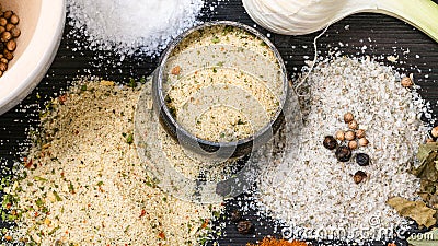 top view of salt cellar and various Seasoned Salts Stock Photo