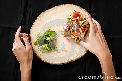 Top view sandwich with jamon and salad on board Stock Photo