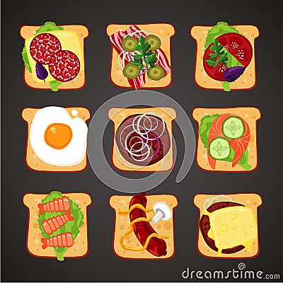 Top view of sandwiches with differents topping. Fast food isolated icon collection. Flat style Vector Illustration