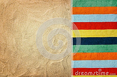 Top view sandy beach and towel. Background with copy space Stock Photo