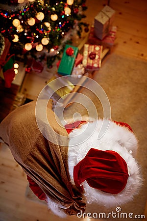 Top view Santa Claus on xmas deliver presents for children Stock Photo