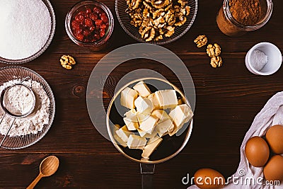 Top view saucepan with diced butter and chocolate Stock Photo