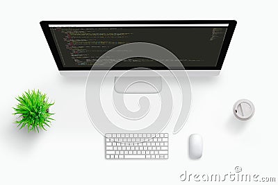 Top view scene of freelancer code developer work desk. Concept of visual code editor computer screen Stock Photo