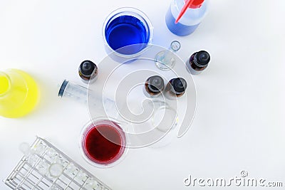 Top view of scientific experiment equipment on work table in a medical examination lab Stock Photo