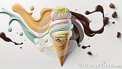 Top view of scooped ice cream in a cone. White background with smeared colorful ice cream. Cold dessert. Stock Photo