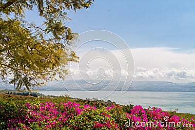 Top view of the sea of Galilee from the Mount of Beatitudes, Israel Stock Photo