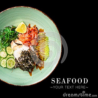 Top view of Seafood Asian Poke bowl isolated on black background ready food banner with text space Stock Photo