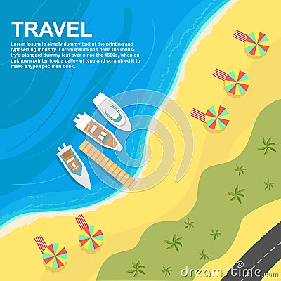 Top view of seashore with umbrellas, deck chairs and boats Vector Illustration