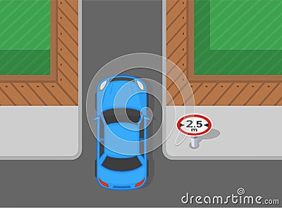 Top view a sedan car entering width limit road. Traffic regulation tips and rules. Vector Illustration