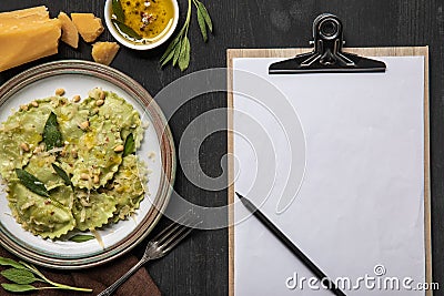 Top view of served ravioli and Stock Photo