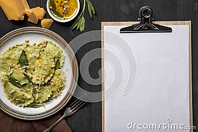 Top view of served ravioli and Stock Photo