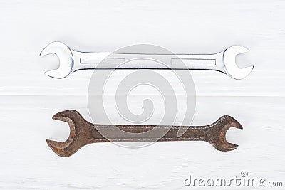 Top view of shiny and rustle on white wooden surface Stock Photo