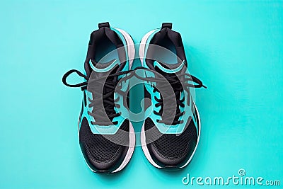 Overhead Shot of Black and Turquoise Running Shoes on a Turquoise Background, Generative AI Stock Photo