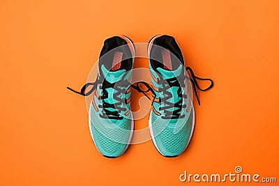 Overhead Shot Turquoise Running Shoes on an Orange Background, Generative AI Stock Photo