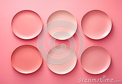 Top view on six empty pink plates of different tone on pink table Stock Photo