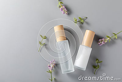 Top view of skincare bottles on a surface with lavender flower Stock Photo