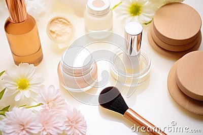 top view of skincare regimen items on a vanity Stock Photo