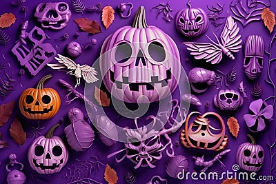 Top view Skulls, pumpkins and horror elements on purple background for holiday Halloween. Generative AI Stock Photo