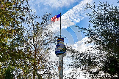 Top view of Sky Tower, USA Flag and Trees at Seaworld in International Drive area. Editorial Stock Photo