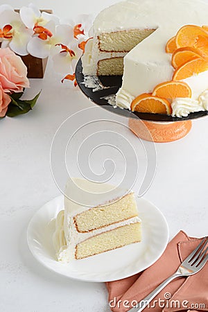 Top view slice of vanilla cake on a plate Stock Photo