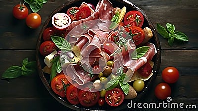 Top-View of Slowly Rotating Fresh Chopped Antipasto on a Rustic Background. Generative AI Stock Photo