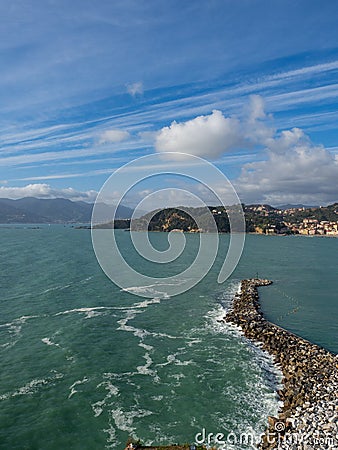 Top view of small city Lerici on Ligurian coast, Italy, in province of La Spezia. Panoramic view of Italian town Lerici. A lot of Stock Photo