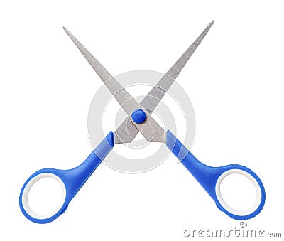 Top view of small multipurpose scissors with blue handle isolated on white background with clipping path. A pair of scissors Stock Photo