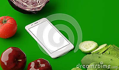 Top view of smartphone with blank screen and fresh raw vegetables on wooden table. 3D illustration Stock Photo
