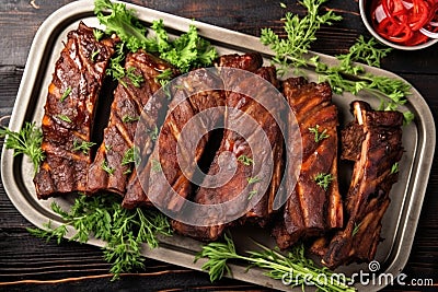 top view of smoked ribs on a large platter Stock Photo
