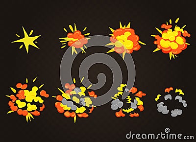 Top view of smooth vector explosion effect, bomb boom. Cartoon explosion animation game frames. Vector Illustration