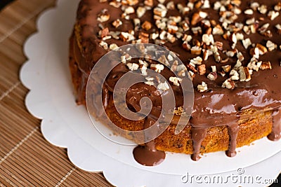 Top view of Snickers cake decorated with peanuts Stock Photo