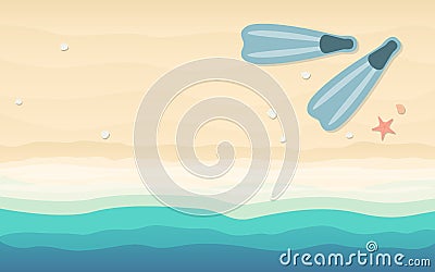 Top view of snorkeling fins in flat icon design on beach background Stock Photo