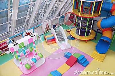 Top view of the soft children`s Playground. Moscow. 30.07.2018 Editorial Stock Photo