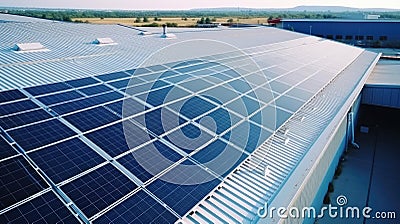 Top view Solar Cell on Warehouse Factory. Solor photo voltaic panels system power or Solar Cell on industrial building roof for Stock Photo