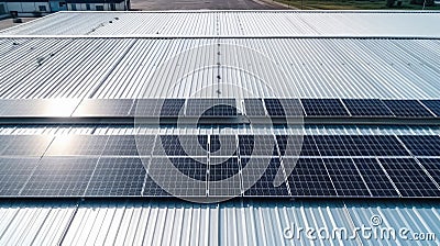 Top view Solar Cell on Warehouse Factory. Solor photo voltaic panels system power or Solar Cell on industrial building roof for Stock Photo